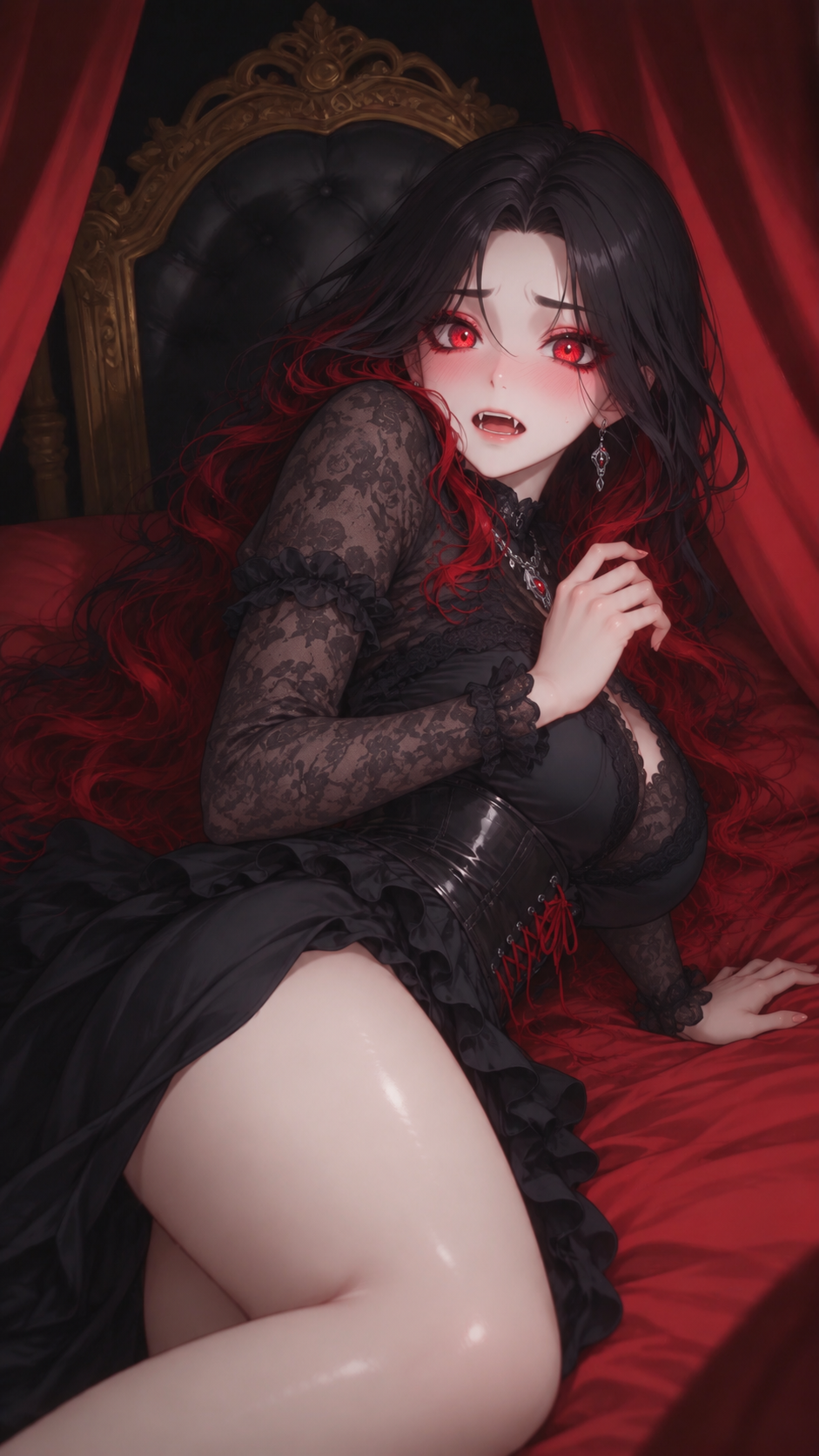 Eliza, the red-eyed vampire from Blackjack Babes, in a black lace dress against red velvet curtains.